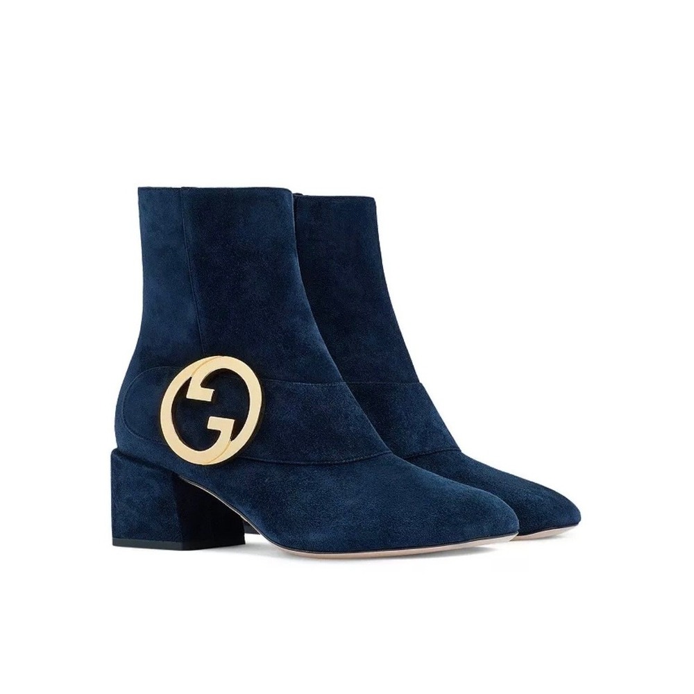 Gucci Blondie‎ Block Heel Booties in Blue Suede Size 36